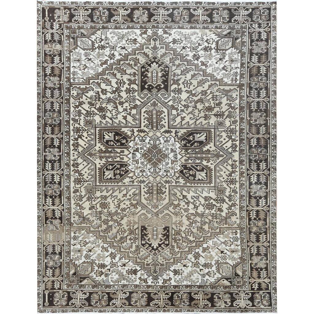 Shahbanu Rugs Hand Knotted Washed Out Ivory Persian Heriz Vintage Worn Down Organic Wool Oriental Rug (8'0" x 11'0")