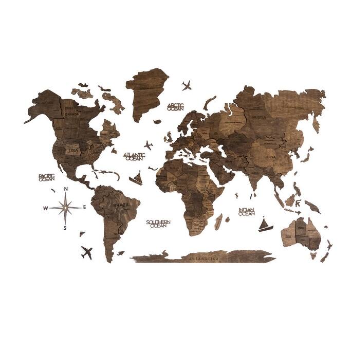HomeRoots 24" X 39" Brown Wood World Map Hanging Dimensional Sculpture