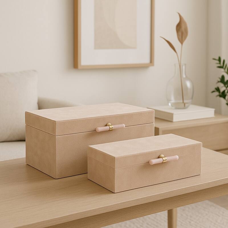 Wood Decorative Boxes with Stone Handle and Lid (Set of 2) - 4/7" Tan - 14" x 8" x 6" - Tan - 14" x 8" x 6"