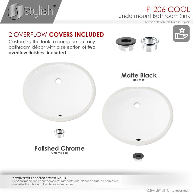 STYLISH 19.5 inch Oval Undermount Porcelain Bathroom Sink with 2 Overflow Finishes