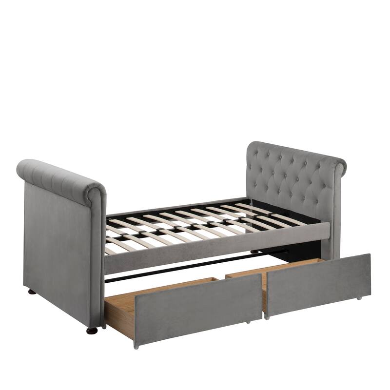 Twin Size Upholstered Daybed with Drawers, Wood Slat Support, No Box Spring Needed
