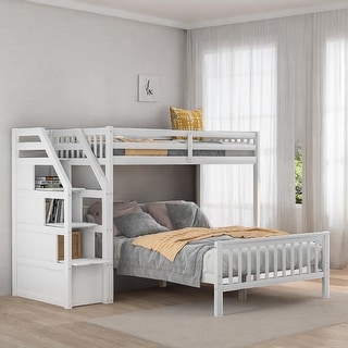 Twin over Full Loft Bed with Staircase, Storage, Reversible Ladder and Safety Guardrails, White