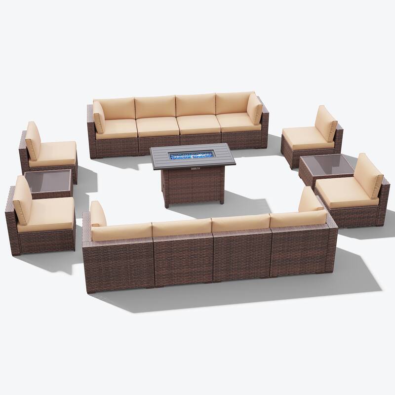 15 Piece Wicker Set Patio Sofa Furniture with Fire Pit And Table