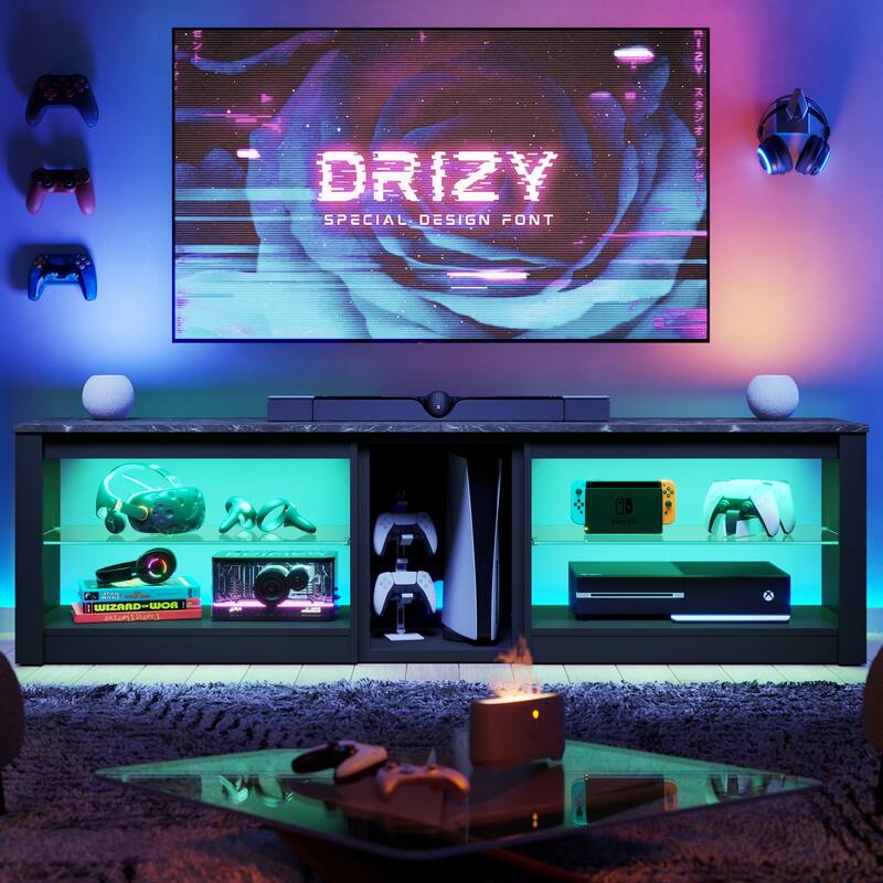 63" TV Stand Gaming Entertainment Center for TVs up to 70" with LED Lights Cabinet and Shelves