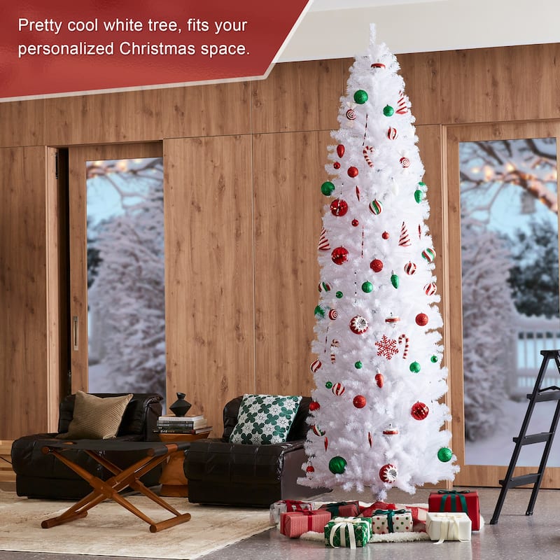 Glitzhome 7.5ft/9ft Shimmering Tinsel Pink Slim Pencil Fir Artificial Christmas Trees