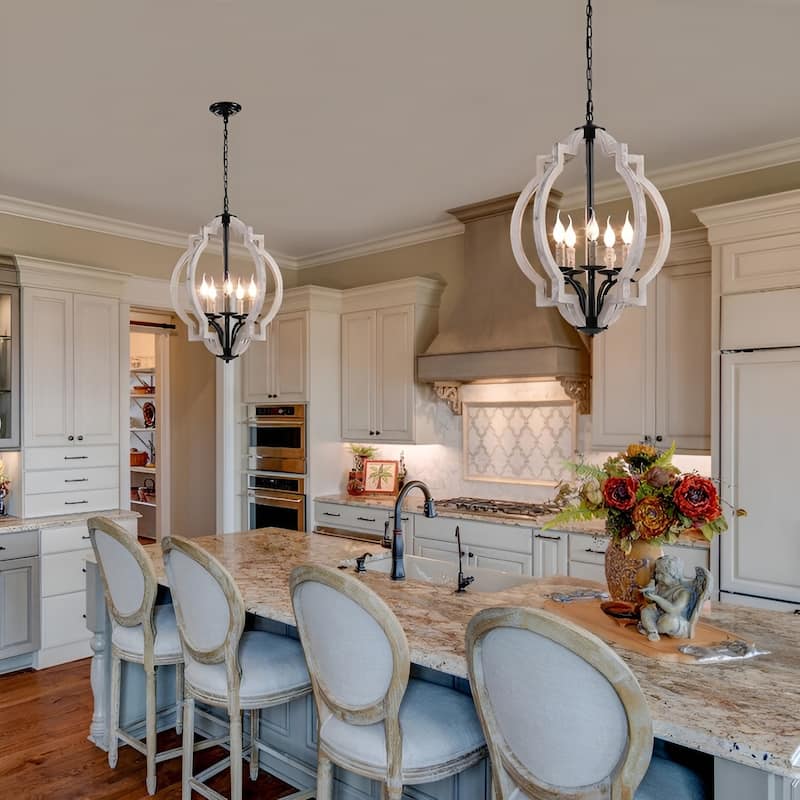 5-Light Wood Farmhouse Chandelier, Off White Distressed Vintage Medieval Style