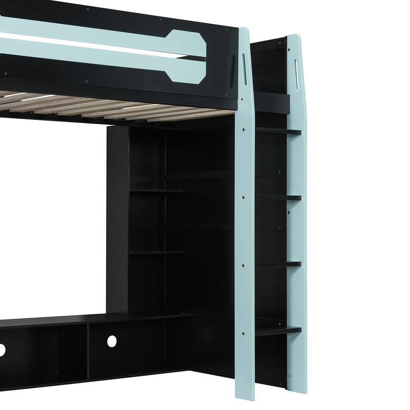 Esports Twin Loft Bed with Desk, Multi-storage Shelves and Light Strip