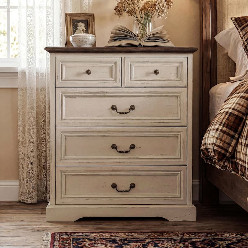 Farmhouse 5-Drawer Chest with Anti-Tip Device, Rustic Wooden Dresser for Bedroom, 36.3" Tall Storage Cabinet - White Wood