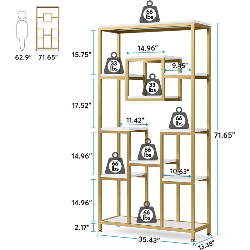 71 Inch Tall Bookshelf, Freestanding Geometric Bookcase, White and Gold