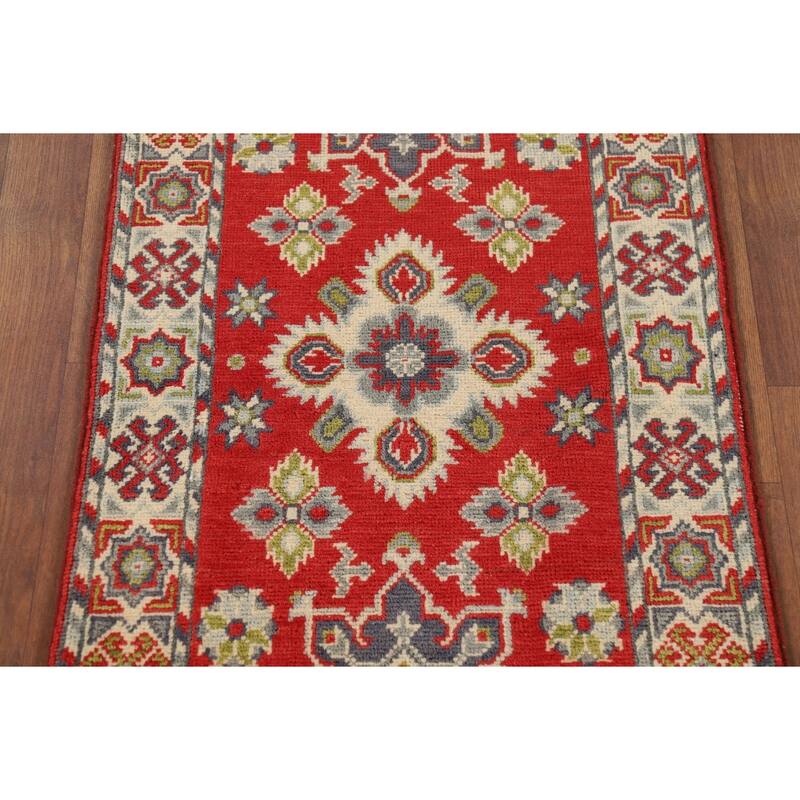 Red Kazak Oriental Foyer Rug Hand-Knotted Geometric Wool Carpet - 2'0" x 3'1"