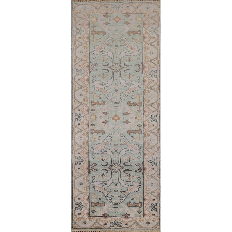 Green Oushak Oriental Runner Rug Hand-Knotted Wool Carpet - 2'6"x 8'0"