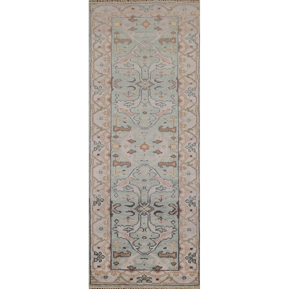 Green Oushak Oriental Runner Rug Hand-Knotted Wool Carpet - 2'6"x 8'0"