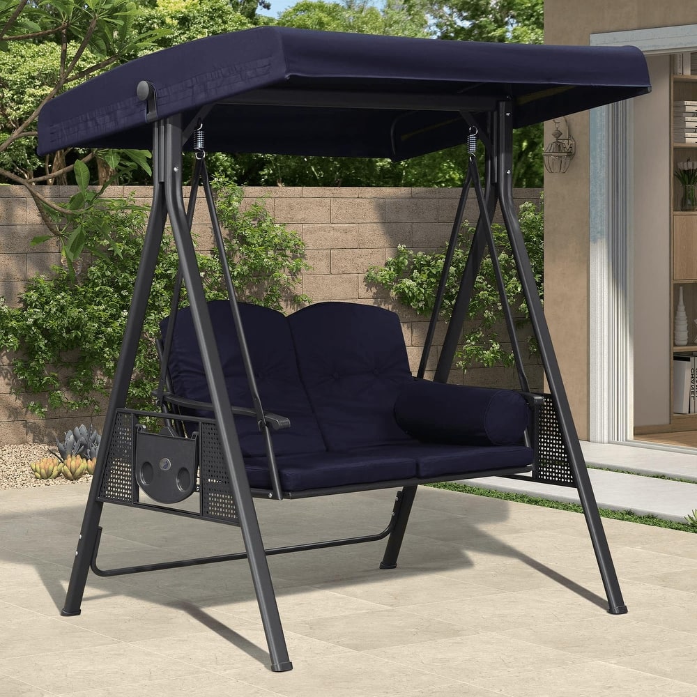 PURPLE LEAF Outdoor Navy Blue Patio Porch Swing with Stand, Chair with Adjustable Tilt Canopy