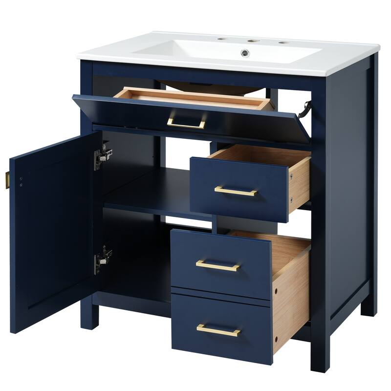 30-Inch Blue Bathroom Vanity with Ceramic Undermount Sink, 1 Soft-Close Door, 3 Storage Boxes, and Gold Handles