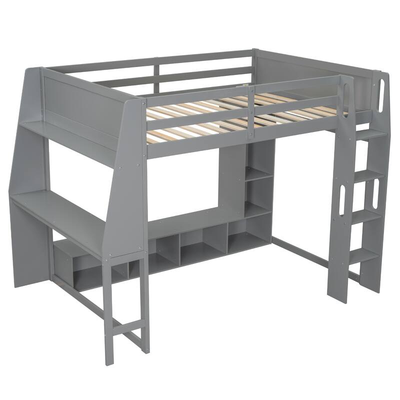 Roomfitters Twin/Full Gaming Loft Bed with Desk, Hanging Rack and LED Lights, Black and Red