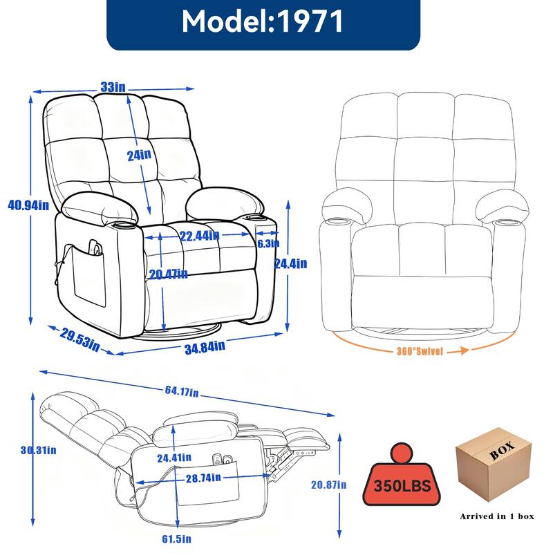Swivel Recliner Chair with Heat & Massage, Oversized Fabric Manual Recliner Chair, Single Sofa with Cup Holders & Side Pocket