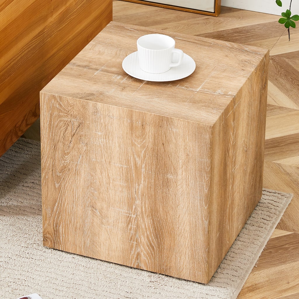 Roomfitters Square MDF Coffee Table with Textured Light Wood Finish, Modern Minimalist Cube Accent Table