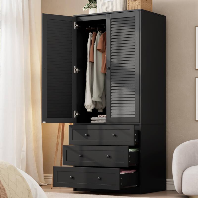 69.5" Wooden Armoire Wardrobe Closet with Louvered Doors, Drawers & Hanging Rod, Natural Finish Storage Cabinet - Black