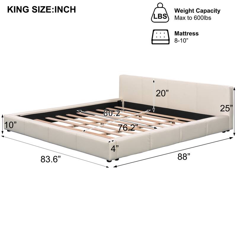 Faux Leather Grounding Bed Frame, Upholstered Platform Bed w/Headboard