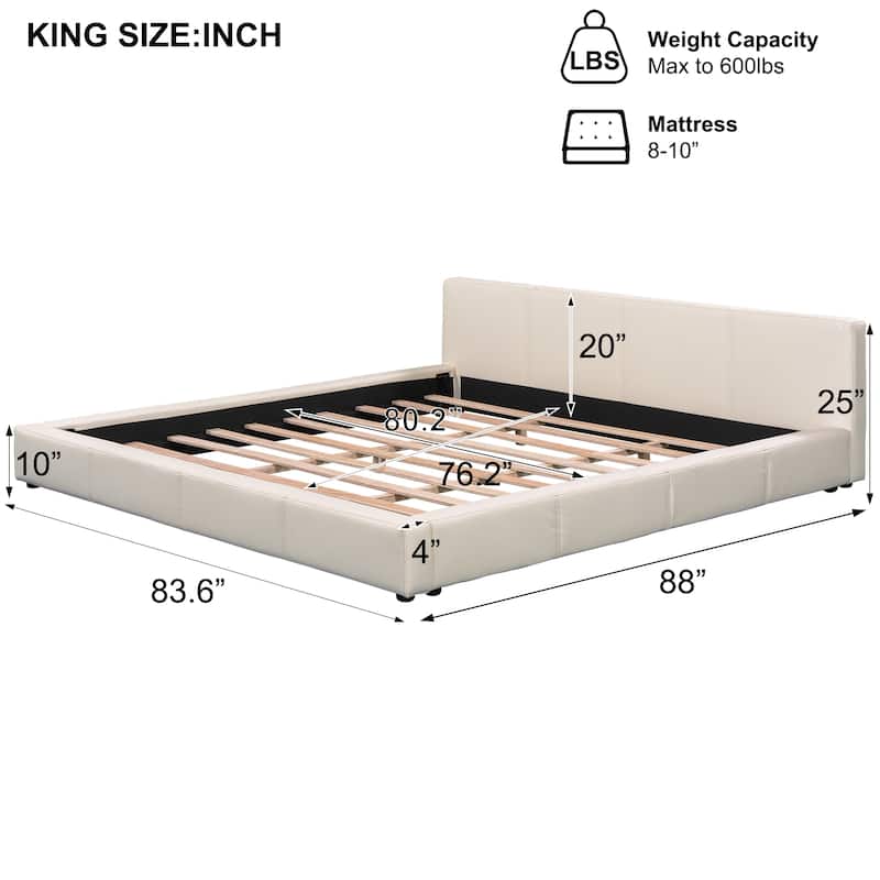 Modern Floor Bed Frame for Bedroom, Faux Leather Grounded Bed with Wood Slats Upholstered Platform Bed with Headboard for Adults