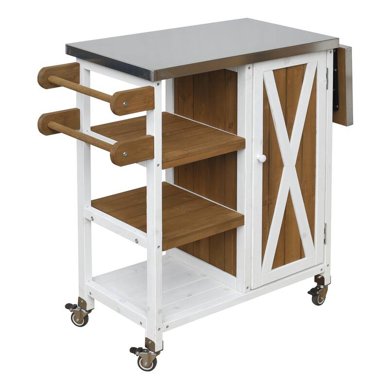 Foldable Outdoor Portable Kitchen Island Cart with Lockable Wheels, Storage Cabinet & Towel Rack