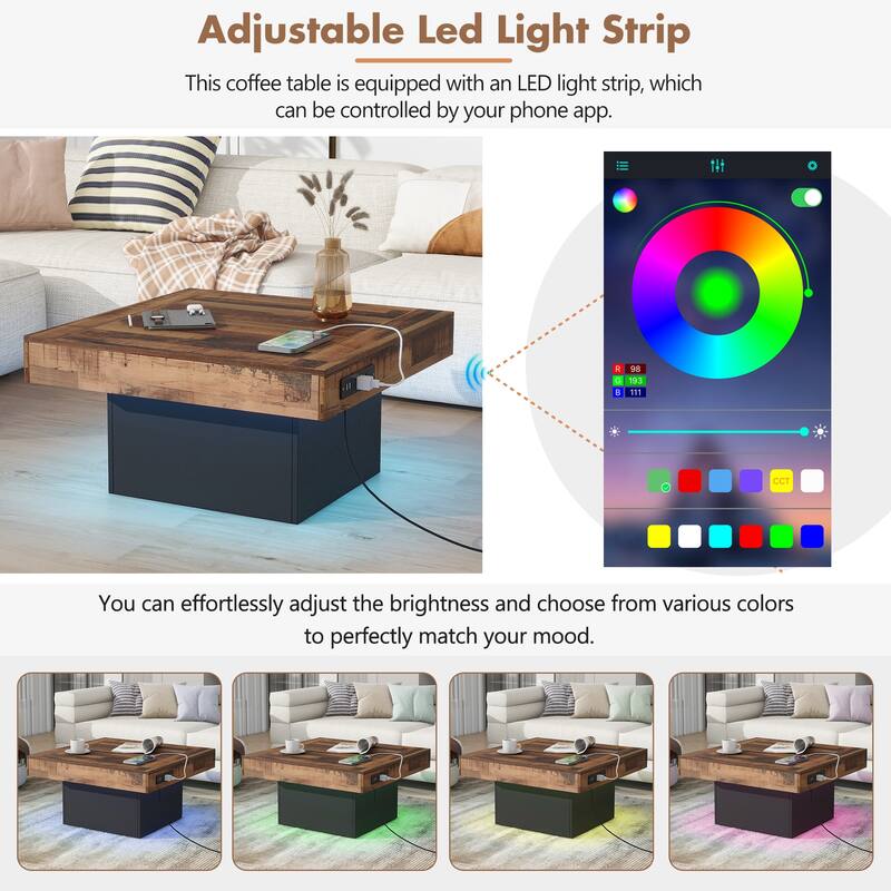 31.4" x 31.4" Farmhouse Coffee Table, Brown Spliced Wood Grain Center Table with LED & Charging Station