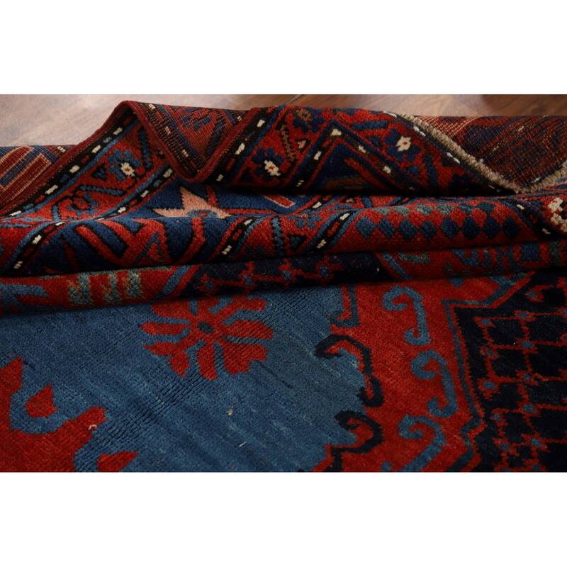 Orange & Blue Kazak Vegetable Dye Vintage Rug Hand-Knotted Wool Carpet - 5'4" x 8'1"