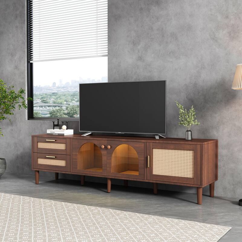 Rattan TV Stand with Cabinets and Drawers,Media Console Table for TVs up to 80'', LED Light Entertainment Center