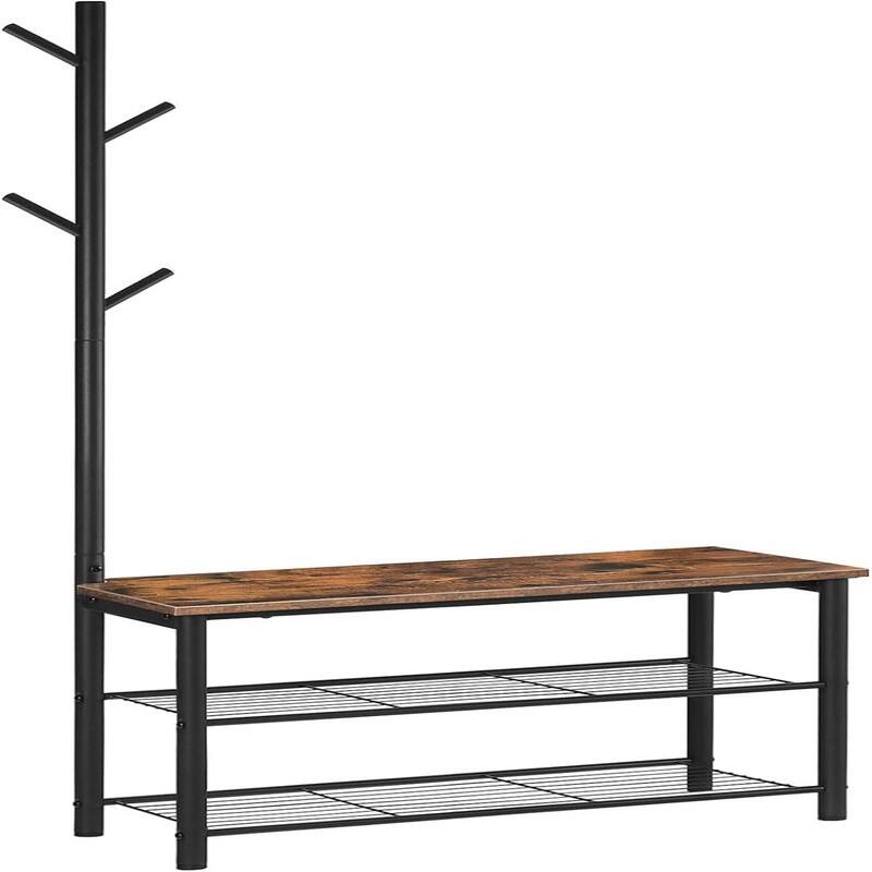 Coat Rack Shoe Bench - 28.3"L x 11.8"W x 70.9"H - 28.3"L x 11.8"W x 70.9"H - Rustic Brown + Black