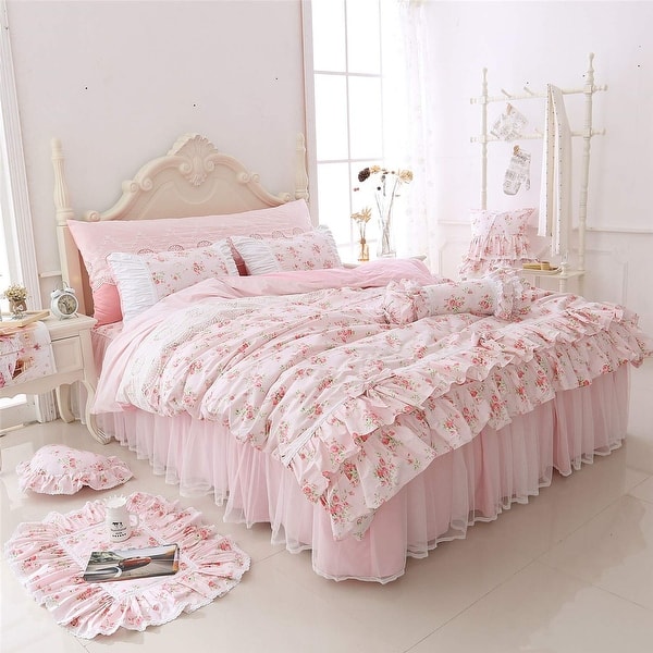 Romantic Roses Print Duvet Cover Set with Bed Skirt Pink Lace