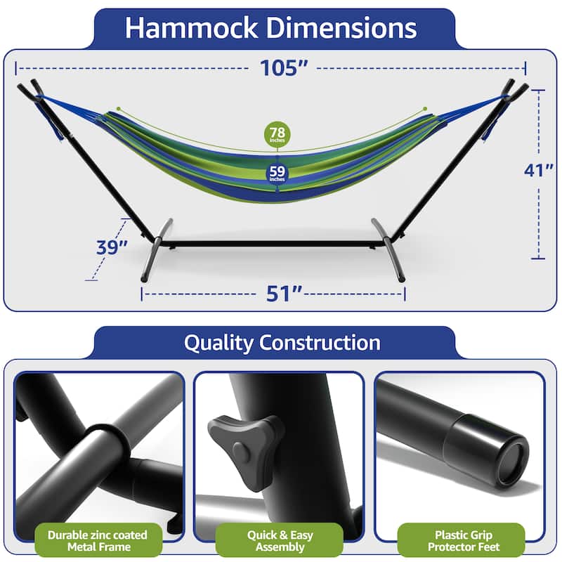 Sorbus 2-Person Hammock with Stand, 60" Cotton Blend Bed, Heavy Duty 450lbs Capacity, Portable with Carrying Case, Washable