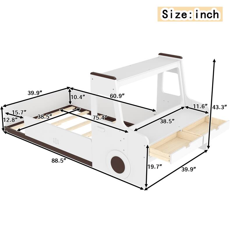 Childlike Wooden Platform Bed Interesting Car-shaped Floor Bed Frame with Storage Drawers, Desk, Open Top Shelf and Headboard