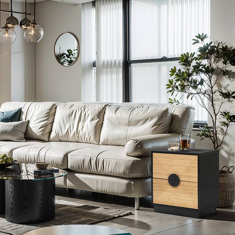 Modern Boho 2-Drawer Black Side Table with Bamboo Strips - 20.5" H x 17.7" W x 15.7" D