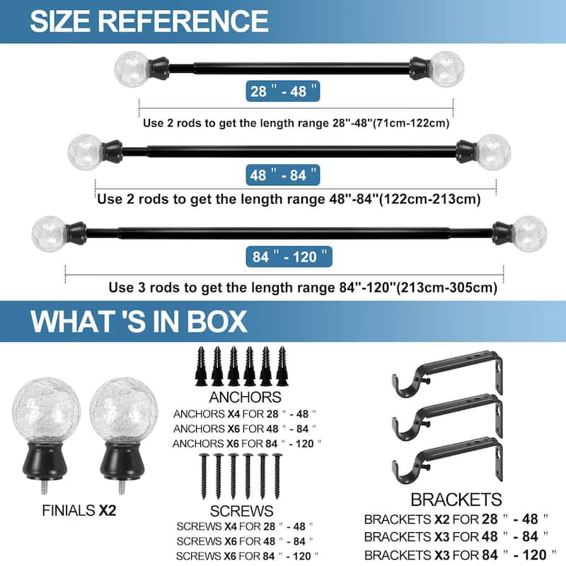 1-inch Diameter Crackle Glass Adjustable Single Drapery Curtain Rod