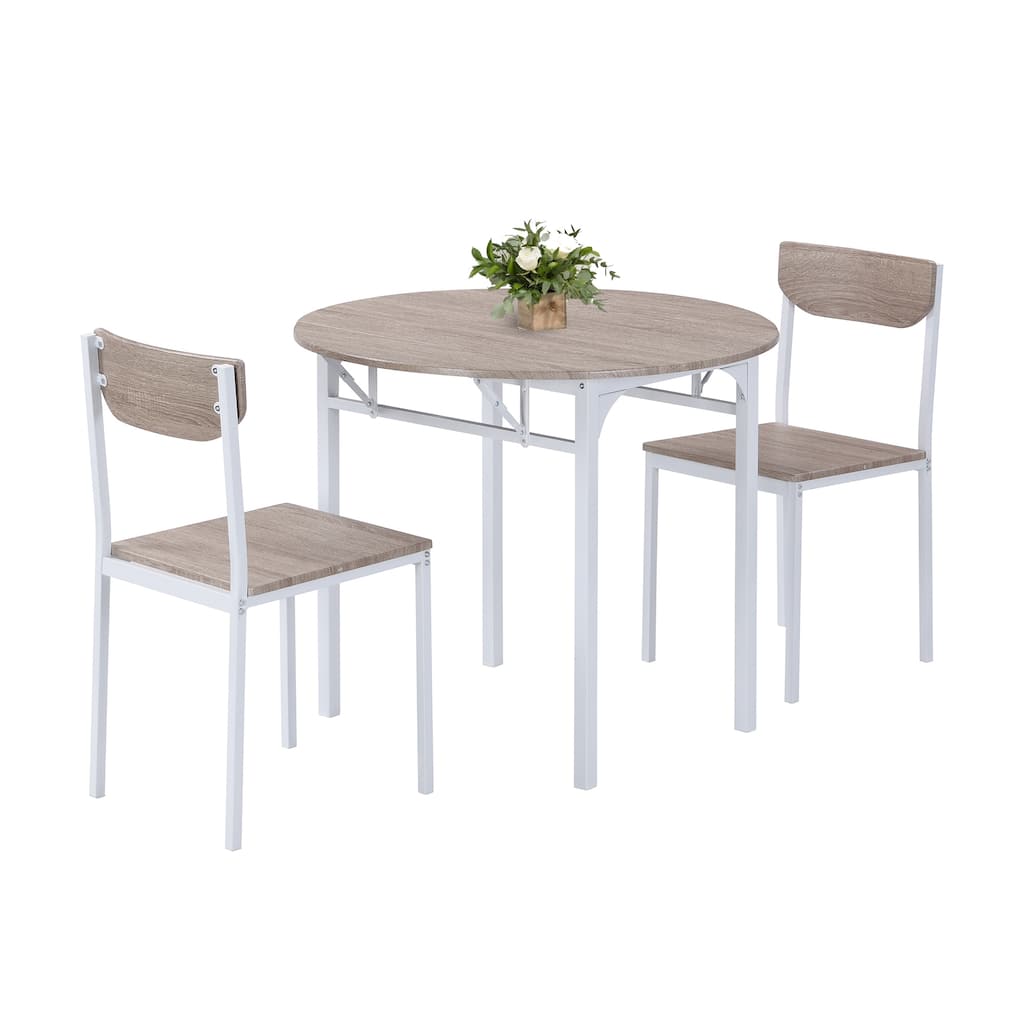 Modern 3 Piece Round Dining Table Set, Dining Table with Drop Leaf and 2 Chairs for Small Places,White Frame+Natural Finish