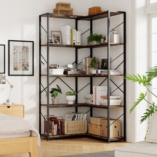 Futzca L-Shaped Corner Bookcase, 5-Tier Wood Bookshelf