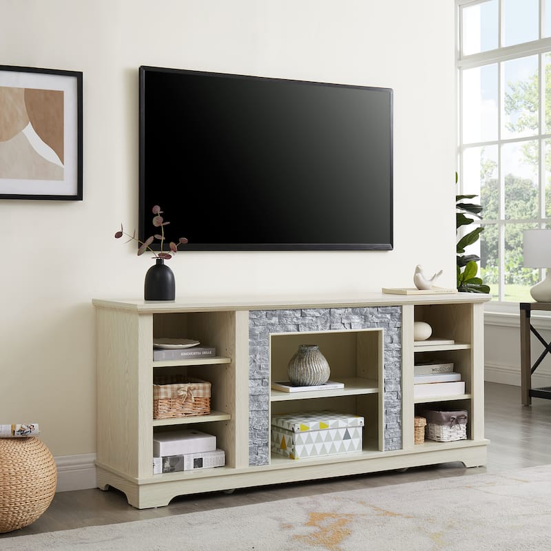 White 58.31" TV Stand with Faux Stacked Stone Surround, Adjustable Shelves and Open Storage Space for TVs Up to 65"