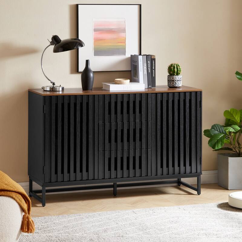 Modern Style Dressing with Grille Stripe Door 3 Drawers and 4 Shelves, for Living Room, Dining Room Office