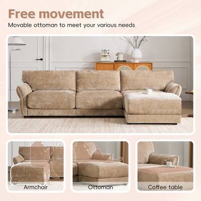 Living Room Indoor Sectional Sofa w/ Movable Ottoman, USB & Type-C Charger