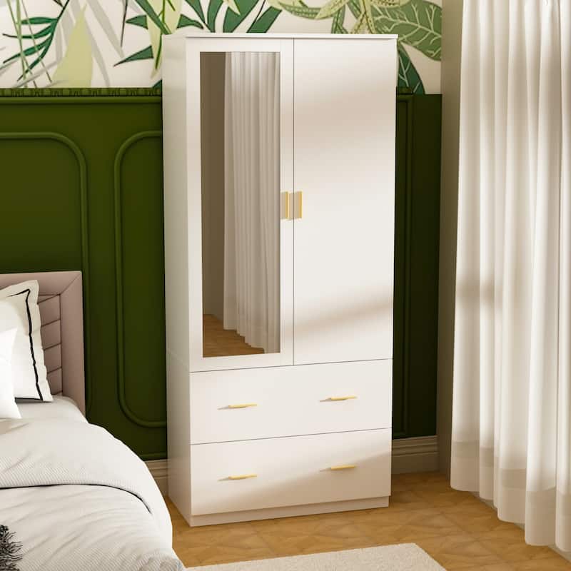 Freestanding Modern Minimalist Bedroom Wooden Armoire Wardrobe - White