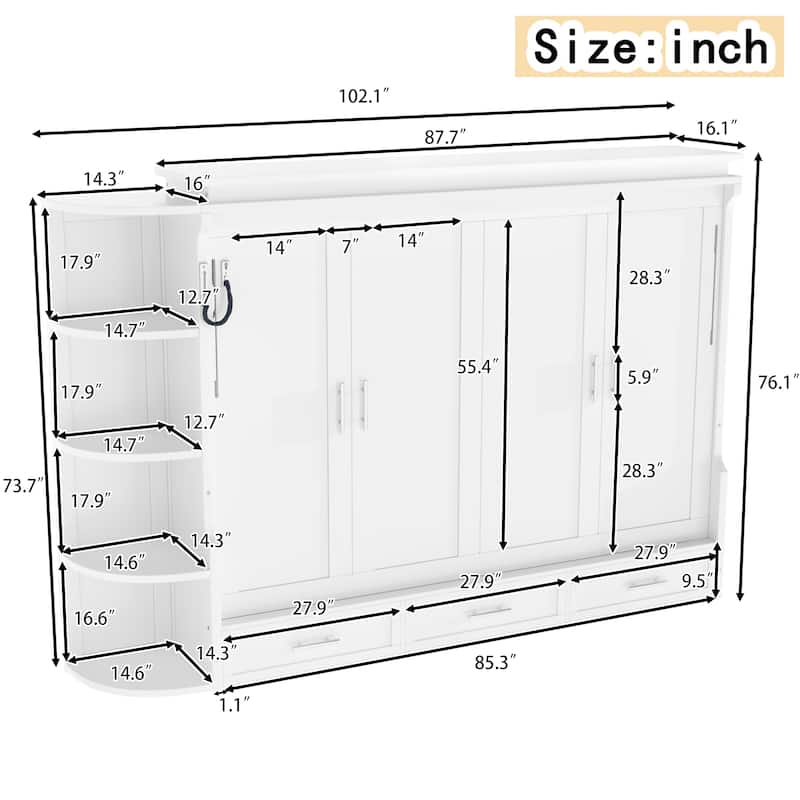 Murphy Platform Bed with Side Cabinets & Drawers, Wall Bed with Shelf for Home Office, Queen or Full