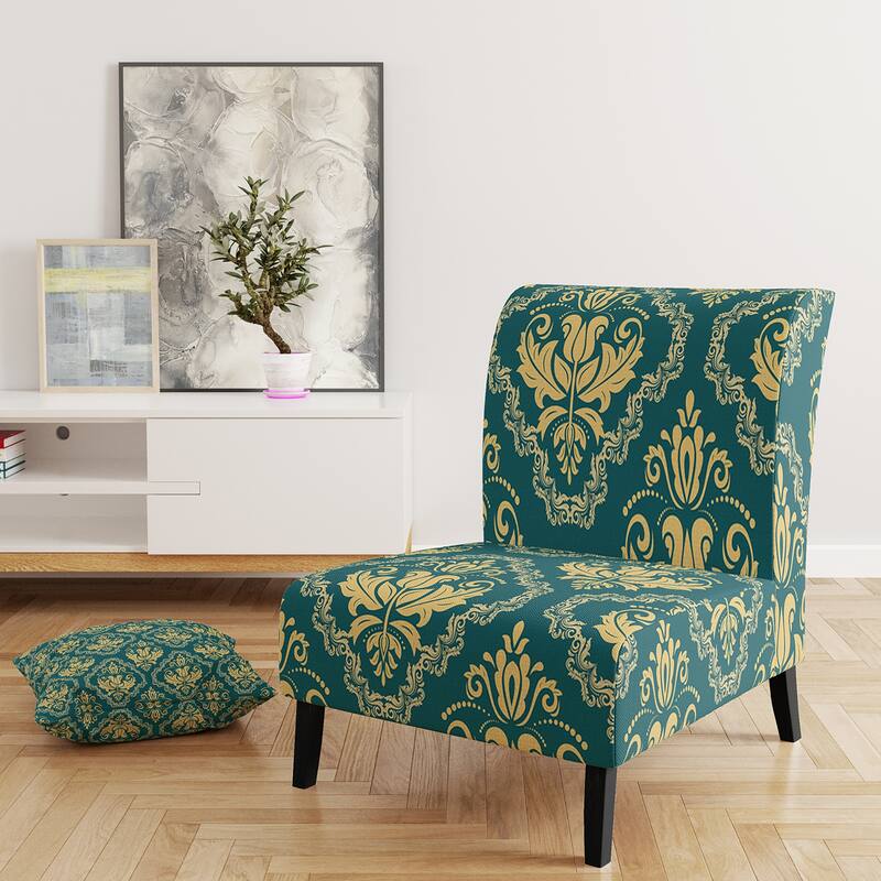 Designart "Green Orient Damask" Upholstered Patterned Accent Chair and Arm Chair