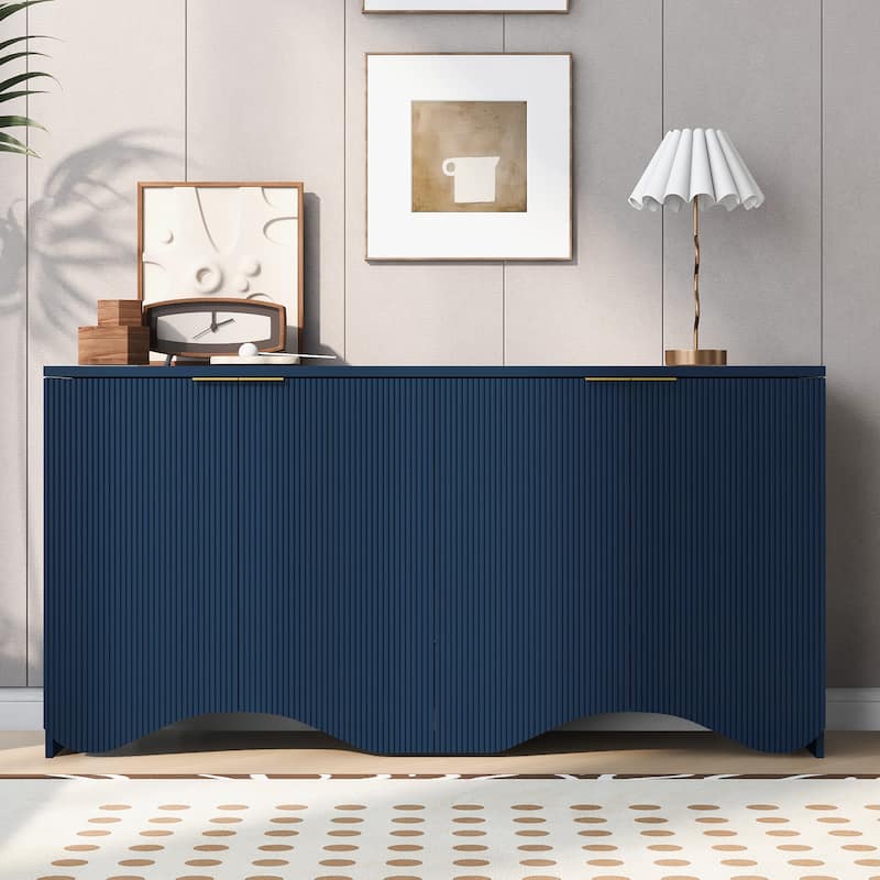 63-Inch Four-Door Storage Cabinet with Vertical Stripes and Wavy Design, Adjustable Shelves, MDF Construction, for Living Room