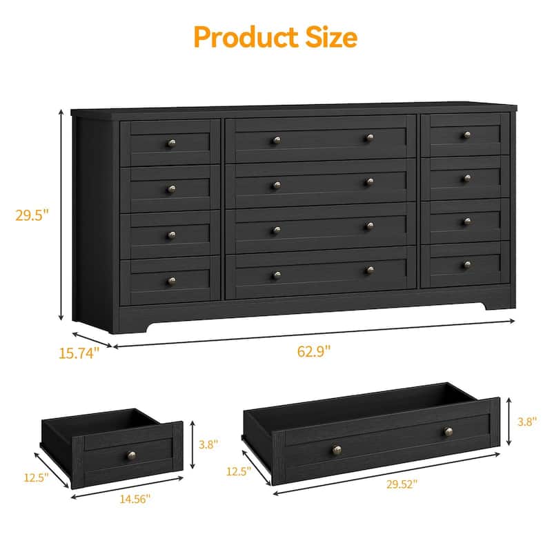 12 Drawer Dresser for Bedroom, Modern Wood Chest with Wide Top for 65" TV, Farmhouse Storage Cabinet