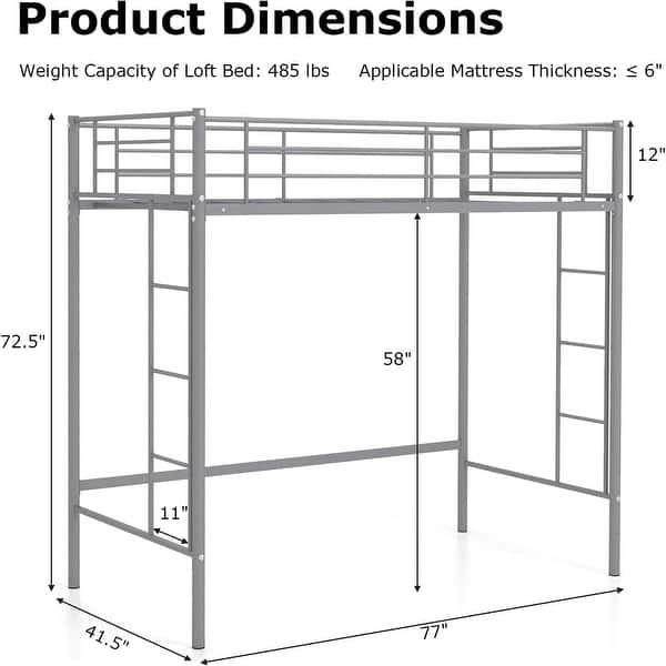 Heavy Duty Loft Bed Frame Metal Loft Bed Twin Size w/ Guardrail