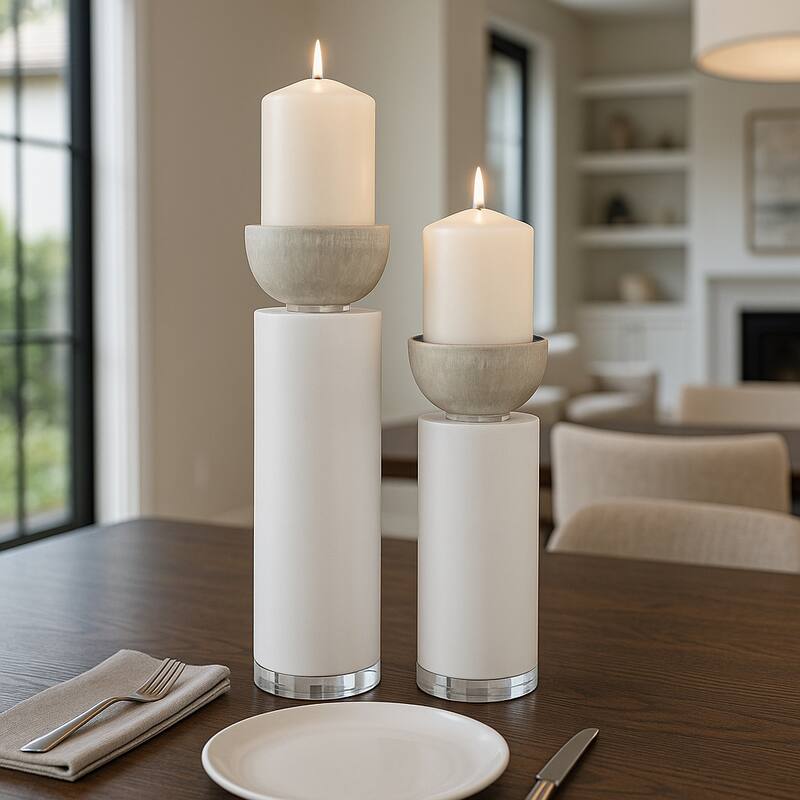 Candle Holders Set of 2 - White Resin Cylinder, 11/13" - 12.5"