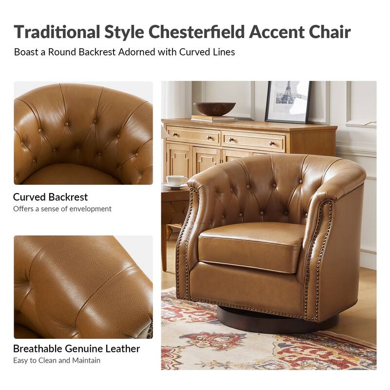 Max Traditional Chesterfield Rocker and Swivel Genuine Leather Chair with Nailhead Trims(Set of 2)
