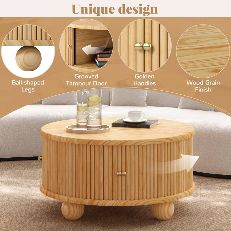 31.8" Round Fluted Pine Coffee Table with Sliding Door Storage - Natural Finish