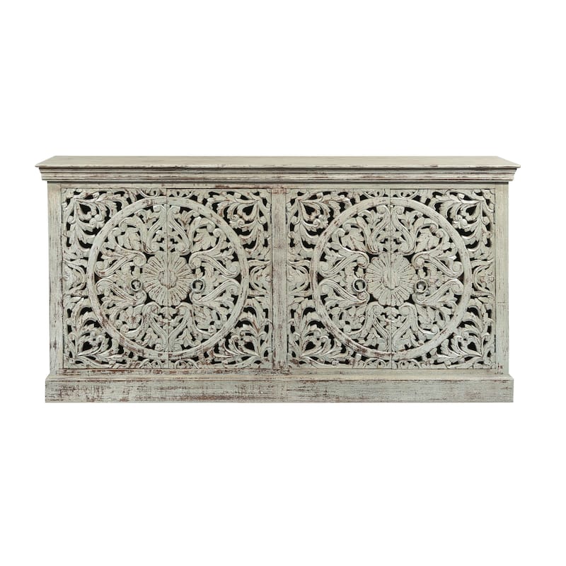 71" Distressed Cream 4 Door Solid Wood Media Credenza_Sideboard