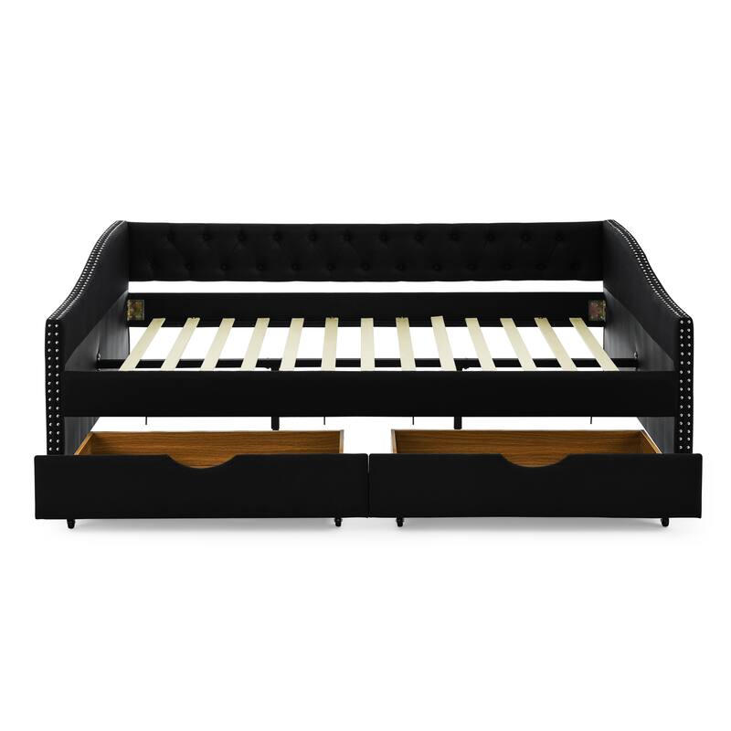 Roomfitters Twin/Full/Queen Upholstered Daybed with Tufted Backrest, Nailhead Trim and Underbed Storage Trundle